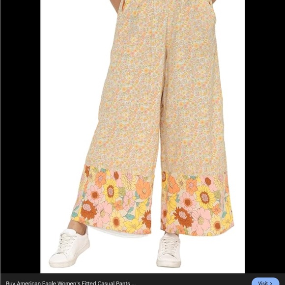 American Eagle High-Waist Wide Leg Floral Pants - Yellow cotton linen large - Picture 6 of 14
